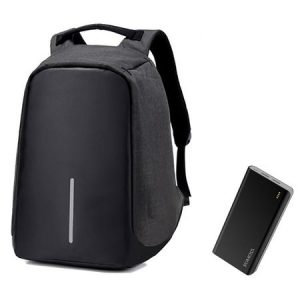Set rucsac antifurt maxim 15.6", port USB extern de incarcare telefon, negru + baterie externa Romoss 20000 mAh