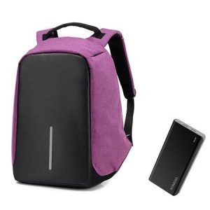Set rucsac antifurt maxim 15.6", port USB extern de incarcare telefon, violet + baterie externa Romoss 20000 mAh